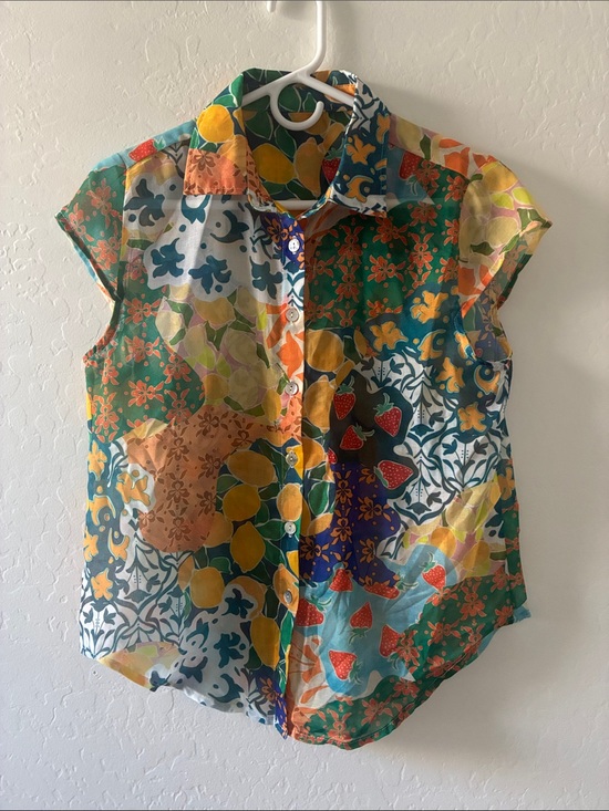 Tops - Maximalist Summery Printed Cap Sleeve Button up Shirt